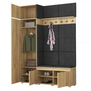 MBCUIAR3 - Set Cuier hol, 154x37x214 cm - 6 agatatori haine, hol, pantofar - culoarea Stejar cu tapiterie Gri / Verde / Albastra - Img 5