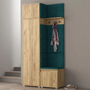 MBCUIAR8 - Set Cuier hol, 104x37x214 cm - 3 agatatori haine, hol, pantofar - Culoarea Stejar cu tapiterie Gri / Verde / Albastra - Img 6