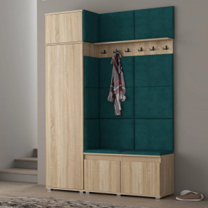 MBCUIS3 - Set Cuier hol, 154x37x214 cm - 6 agatatori haine, hol, pantofar - Sonoma cu tapiterie Gri / Verde / Albastra - Img 3
