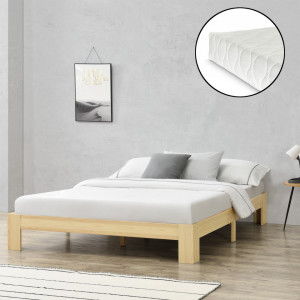 Pat rama lemn 140 x 200 cm, 150 Kg, culoarea lemnului, pentru 2 persoane, cu saltea si somiera - P72612716 - Img 1