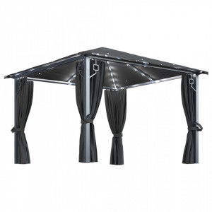 Pavilion cu perdele & șiruri lumini LED antracit 3x3 m aluminiu - V3070333V
