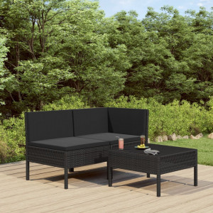 Set mobilier de gradina cu perne, 3 piese, negru, poliratan - V310187V