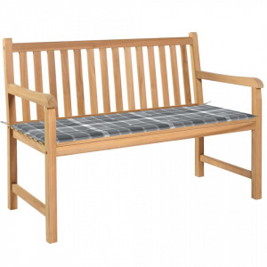Bancă de grădină, pernă gri carouri, 120 cm, lemn masiv tec - V3062690V - Img 2