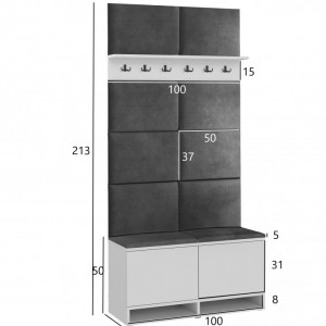 MBCUIA4 - Set Cuier hol, 100x37x213 cm - 6 agatatori haine, hol, pantofar - Alb-Stejar cu tapiterie: Verde inchis, Turcoaz, Albastru, Gri - Img 3