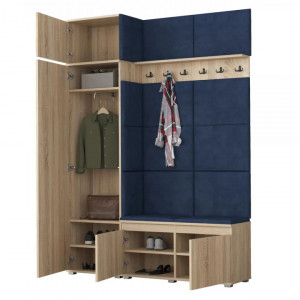 MBCUIS3 - Set Cuier hol, 154x37x214 cm - 6 agatatori haine, hol, pantofar - Sonoma cu tapiterie Gri / Verde / Albastra - Img 4