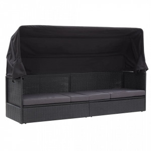Pat canapea de exterior cu copertina, negru, poliratan - V46092V