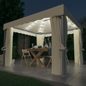 Pavilion cu perdele & șiruri lumini LED, alb crem, 3x3 m - V3070345V - Img 2