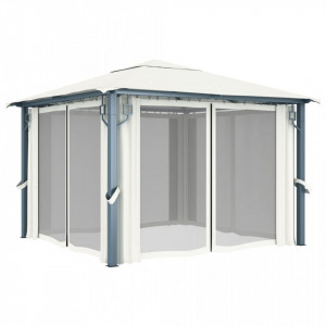 Pavilion cu perdele & șiruri lumini LED, crem, 3x3 m, aluminiu - V3070332V - Img 4