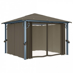 Pavilion cu perdele&șiruri lumini LED gri taupe 3x3 m aluminiu - V3070334V - Img 4