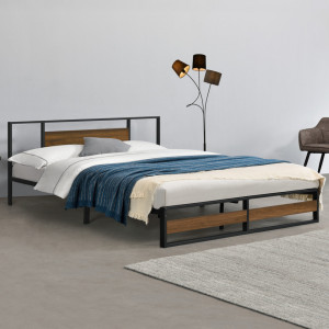 Rama pat metalica Villach180, 209 x 184 x 85,5 cm, otel sinterizat, 300 Kg, negru/efect lemn de nuc, pentru 2 persoane - P71470635