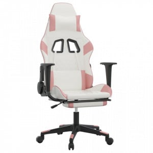Scaun de gaming cu suport picioare, alb/roz, piele ecologică - V3143772V