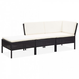 Set mobilier de gradina cu perne, 3 piese, negru, poliratan - V48960V