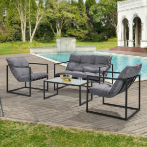 Set mobilier gradina, masa, banca, fotoliu, otel/textil, negru/gri - P68753079