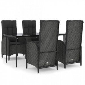 Set șezlonguri de grădină, 5 piese, cu perne, negru, poliratan - V3185171V