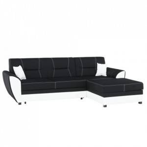 Colţar, piele ecologică albă și material textil negru, model dreapta, 250x83x160 cm - TP96985