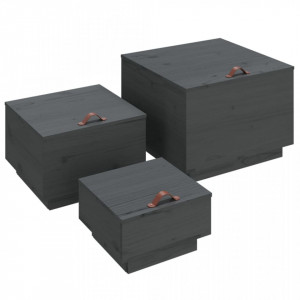 Cutii de depozitare cu capace 3 buc., gri, lemn masiv de pin - V818247V