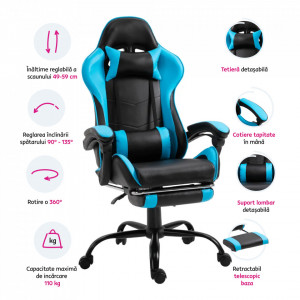 Fotoliu birou / gaming cu suport picioare, negru și albastru, 64x121-131x53-81 cm - TP266175 - Img 20