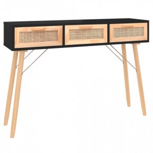 Masă consolă negru 105x30x75 cm lemn masiv pin și ratan natural - V345628V - Img 1