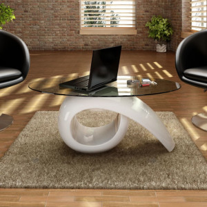Masuta de cafea cu blat oval din sticla, alb lucios - V240431V
