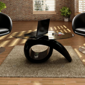 Masuta de cafea cu blat oval din sticla, negru lucios - V240432V