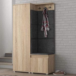MBCUIS5 - Set Cuier hol, 104x37x177 cm - 3 agatatori haine, hol, pantofar - Sonoma cu tapiterie Gri / Albastra / Verde
