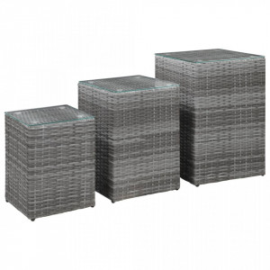 Mese laterale cu blat de sticla, 3 buc., gri, poliratan - V46985V