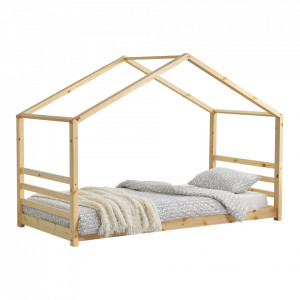 Pat copii Ravi, 206 x 98 x 142 cm, lemn de brad, lemn natur, cu grilaj lateral - P67166929