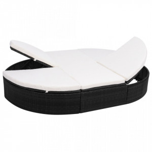 Pat sezlong de exterior cu perna, negru, poliratan - V42940V