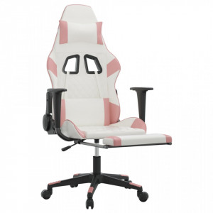 Scaun gaming de masaj/suport picioare, alb/roz, piele ecologică - V345530V - Img 3