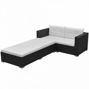 Set mobilier de gradina cu perne, 3 piese, negru, poliratan - V42748V
