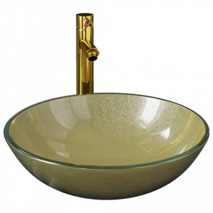 Chiuvetă baie cu robinet și scurgere tip push, sticlă aurie - V3098461V - Img 1