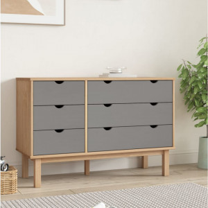 Comodă cu sertar, maro și gri, 113,5x39,5x73 cm, lemn masiv pin - V348586V - Img 2
