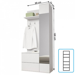 Cuier pentru hol, alb, cu oglinda, 90x195x34 cm - TP238804 - Img 3