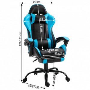 Fotoliu birou / gaming cu suport picioare, negru și albastru, 64x121-131x53-81 cm - TP266175 - Img 2