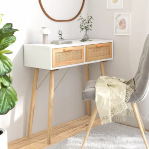 Masă consolă alb 80x30x75 cm lemn masiv pin și ratan natural - V345624V - Img 2