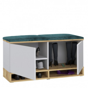 MBCUIA4 - Set Cuier hol, 100x37x213 cm - 6 agatatori haine, hol, pantofar - Alb-Stejar cu tapiterie: Verde inchis, Turcoaz, Albastru, Gri - Img 4