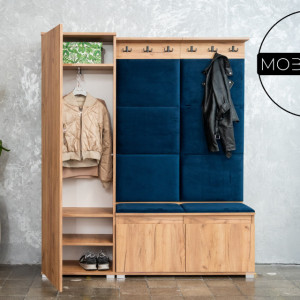MBCUIAR2 - Set Cuier hol, 154x37x177 cm - 6 agatatori haine, hol, pantofar - culoarea Stejar cu tapiterie Albastra / Gri / Verde - Img 12