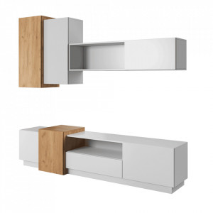Mobilier perete camera de zi, culoarea stejar și alb, 220-270x45x180 cm - TP302288