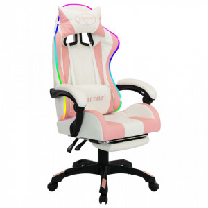 Scaun de racing cu LED RGB, roz si alb, piele ecologică - V288014V