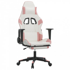 Scaun gaming de masaj/suport picioare, alb/roz, piele ecologică - V345530V