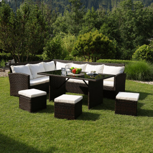 Set de grădină din ratan cu 5 piese, 1 măsuţă, 1 colţar şi 3 tabureţi, maro - TP302510 - Img 2