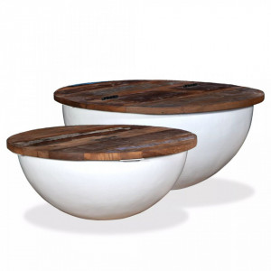 Set masute cafea, 2 piese, lemn masiv reciclat, alb, forma bol - V245256V