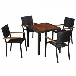 Set mobilier de exterior, 5 piese negru, poliratan, lemn acacia - V43934V