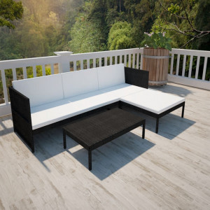 Set mobilier de gradina cu perne, 3 piese, negru, poliratan - V41382V