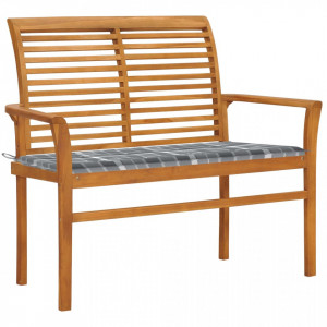 Bancă de grădină, pernă gri carouri, 112 cm, lemn masiv tec - V3062663V - Img 2