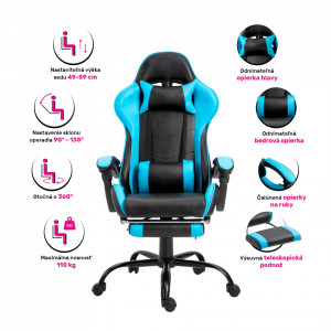 Fotoliu birou / gaming cu suport picioare, negru și albastru, 64x121-131x53-81 cm - TP266175 - Img 18