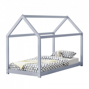 Pat copii, 206 x 98 x 142 cm, gri deschis, design casuta - P64038176