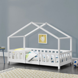 Pat copii design casuta, 70 x 140 cm, lemn alb mat - P71303282