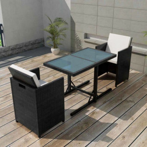 Set bistro cu perne, 3 piese, negru, poliratan - V42539V