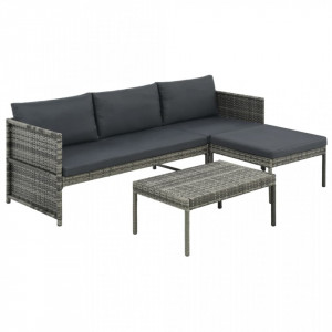 Set mobilier de gradina cu perne, 3 piese, gri, poliratan - V44480V